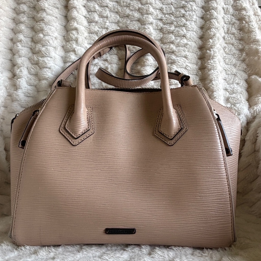Rebecca Minkoff Beige Saffiano Leather Zip Tote Bag Wide Opening